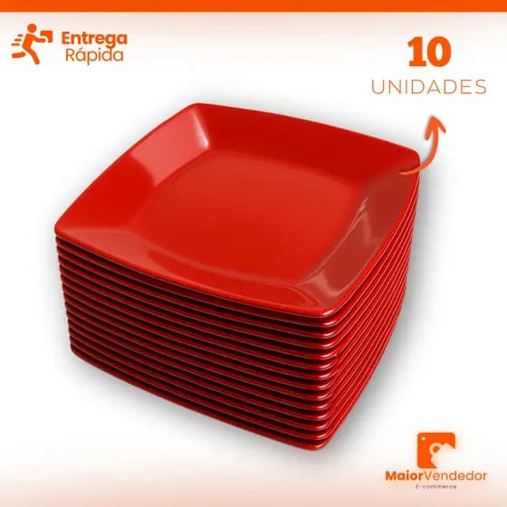 Kit 10 Pratos Quadrado Vermelho Grande de Plástico Refeição Restaurante Bar Festas