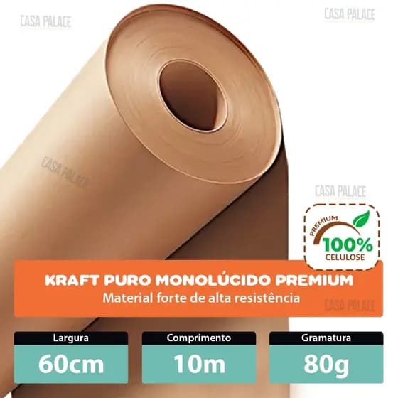 Papel Kraft 80g Monolúcido Com 60cm De Largura x 10 Metros De Comprimento Para Embalagem