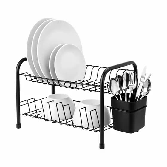 Escorredor Duplo de Pratos Louças e Talheres Gourmet Preto/Cromado em Aço JVS PREMIUM