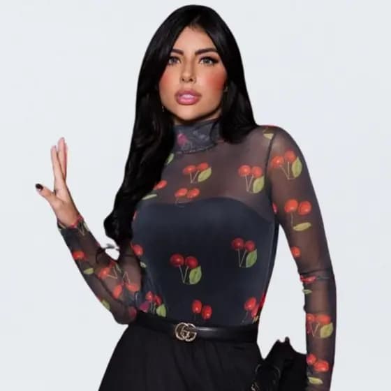 Body Tule Estampa Cereja Manga Longa Gola Alta Moda Feminina Sensual Transparencia