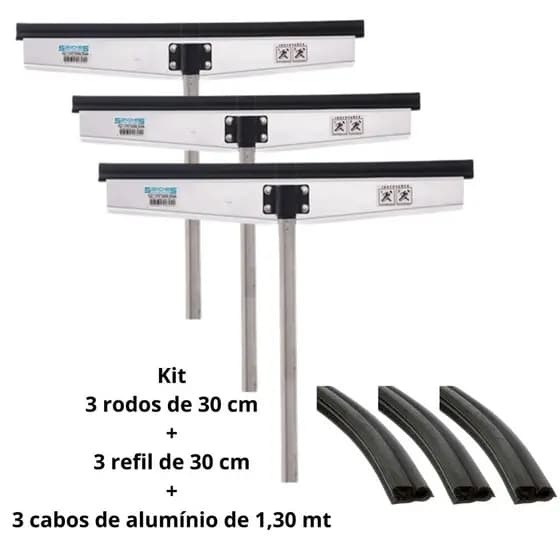 Kit 3 Rodo Aluminio 30 cm Sanches com Cabo de Aluminio de 1,30 com Rosca cm com 3 refil