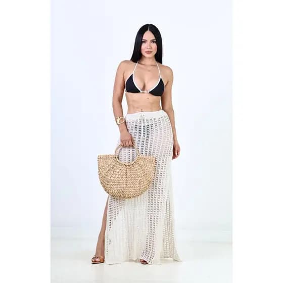 Saia Saída de Praia com Fenda Lateral em Tricot com Ajuste na Cintura