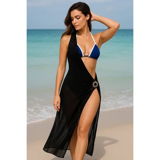 Saída de Praia Vestido Longo Detalhe Sol com Fenda Praiano