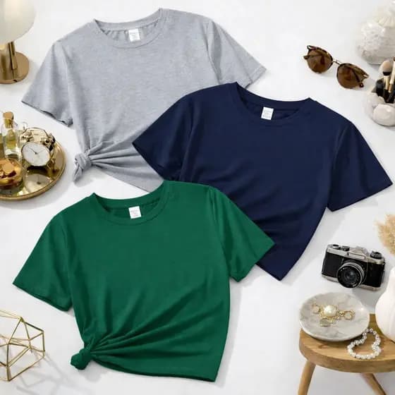 Kit 3 Blusas Femininas Lisa Gola Redonda Básica Cores Neutras Algodão