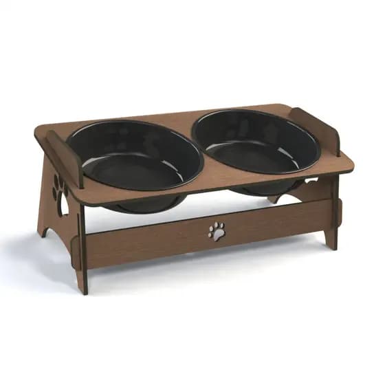 Comedouro e Bebedouro Em MDF Pet Para Cachorros e Gatos Com 2 Potes Para Ração e Água