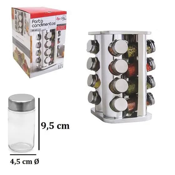 Porta Condimentos e Tempero com 16 Vidros de 80 ml + Suporte de Inox Giratório