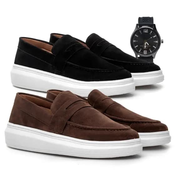 Kit 2 Pares Mocassim masculino Moda Elegante Masculino Fino Moderno Com relógio