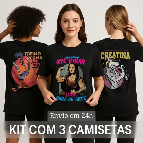 Kit 3 Camisetas Femininas Conjunto de Academia 100% Algodão Camiseta Larga