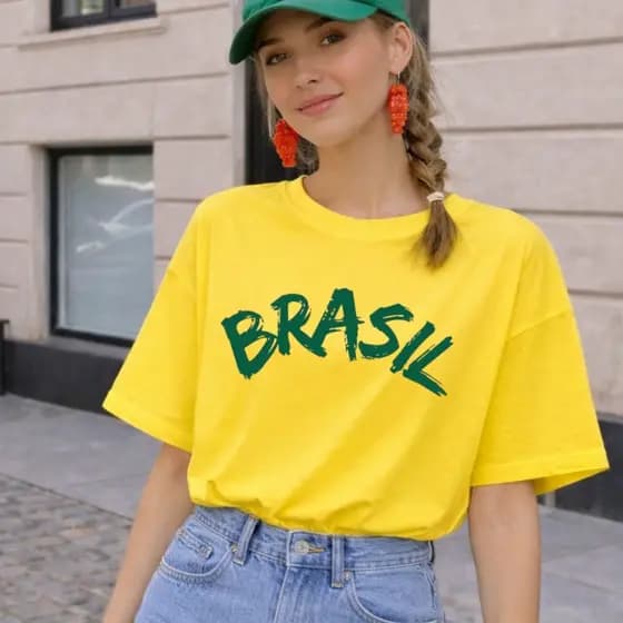 T-shirt Camiseta Brasil Feminina Estampada Camisa Copa do Mundo Com gola redonda Neymar Futebol Algodão Fio 30.1