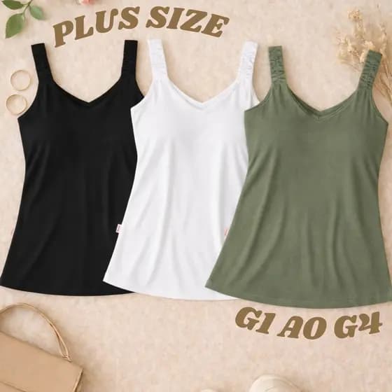 KIT 3 Blusa Regata Feminina Plus Size Canelada Forro Duplo Alça Elástica