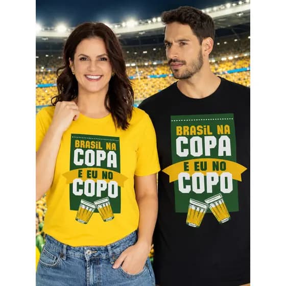 Camiseta Copa do Mundo Brasil na Copa e Eu no Copo Unissex 100% Algodão Torcedor Hexa