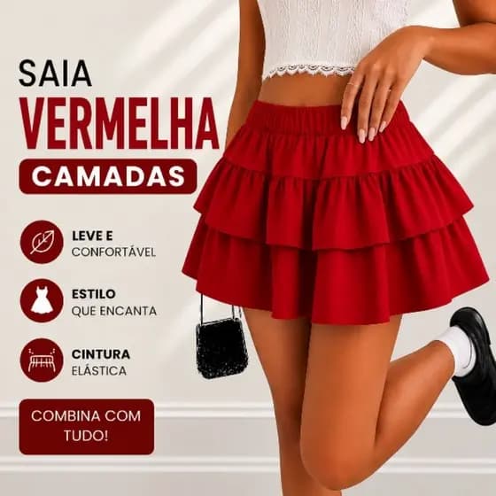 Saia Curta Babados, Camadas, Moda Feminina, Cintura Elastica ,Tendencia Verão Casual