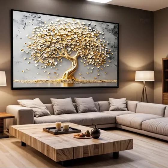 Quadro Decorativo Canvas Casa Arvore Gold Luxo Dourado Parede Moldura Moderno