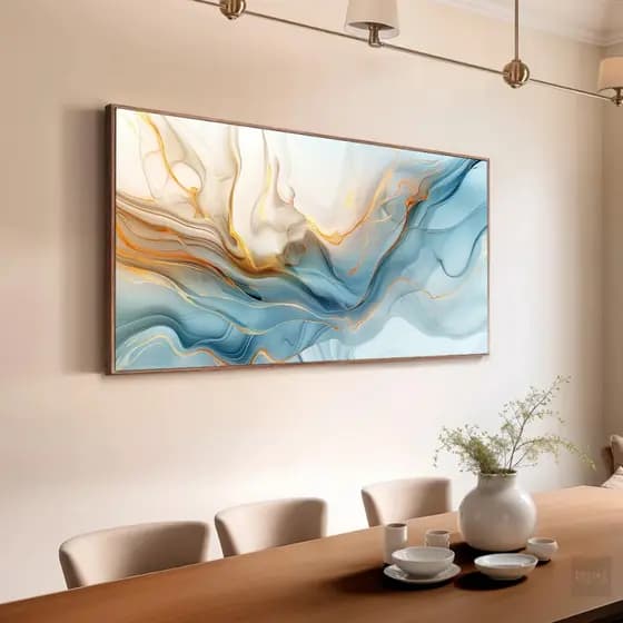 Quadro Decorativo Abstrato Tons Claros Azul e Dourado Sala Mamorizado