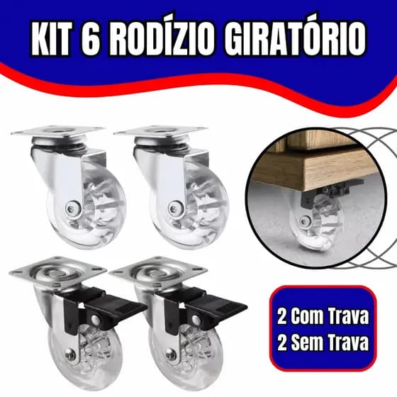 Kit 6 Rodízio Gel Silicone 35mm 50mm Giratório 3 Com Trava 3 Sem Trava Cadeira Escritório Piso