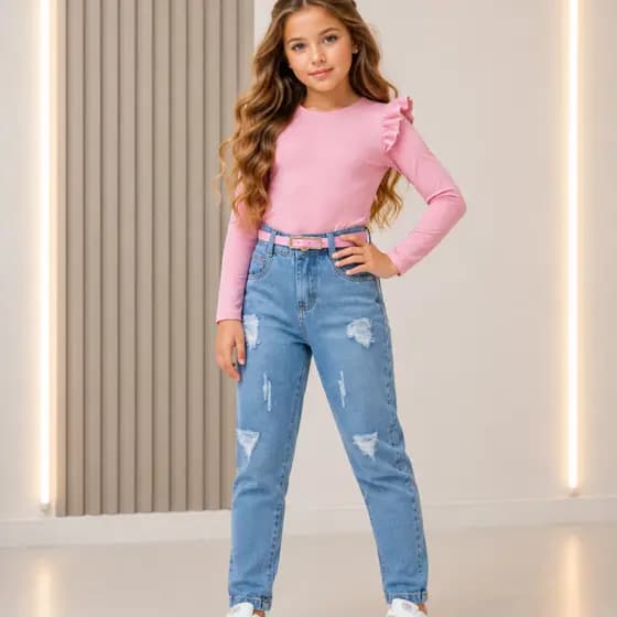 Conjunto Feminino Infantil Body Manga Longa Babado Calça Jeans Blogueirinha