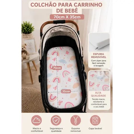 Colchão para carrinho Moisés Todo branco - Colchonete para carrinho de Bebê Branco Oval Moisés
