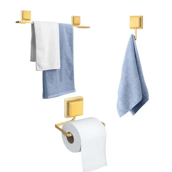 KIT BANHEIRO PAPELEIRA+GANCHO+TOALHEIRO DE BANHO 3M DOURADO