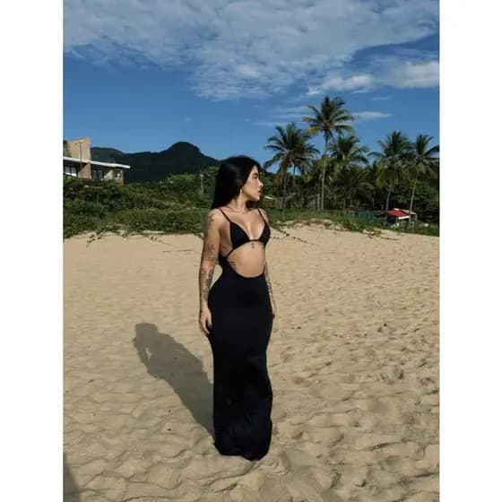 Vestido Feminino longo com alças ajustáveis Parte de Cima Modelo Biquini Preto Suplex Liso