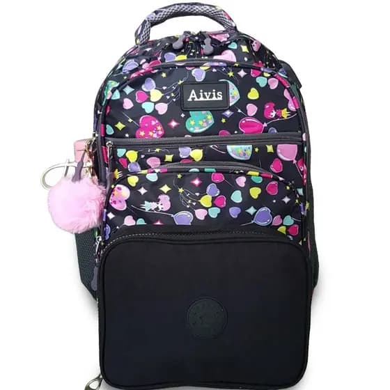 Linda mochila menina escolar explosão de balaão +estojo 100 pens pompom -2pçs