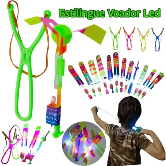 Brinquedo Lançador Brilha Luz De Led Estilingue Foguete Voador Rotativo Helicóptero