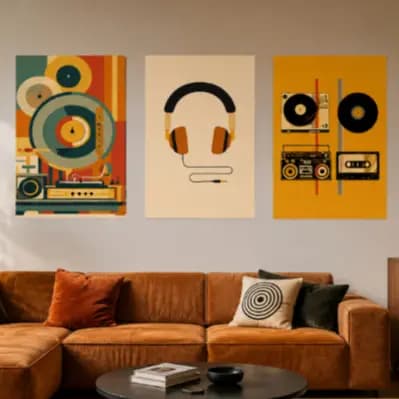 Quadro Decorativo 3 Peças Musical Retrô — Rádio, Auscultadores, Vinil e Cassetes Para Sala Quarto Hall