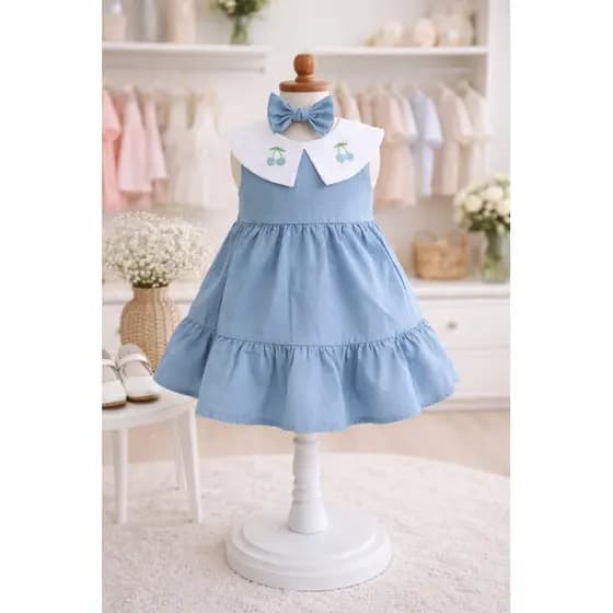 vestido Helena azul infantil bordado cereja