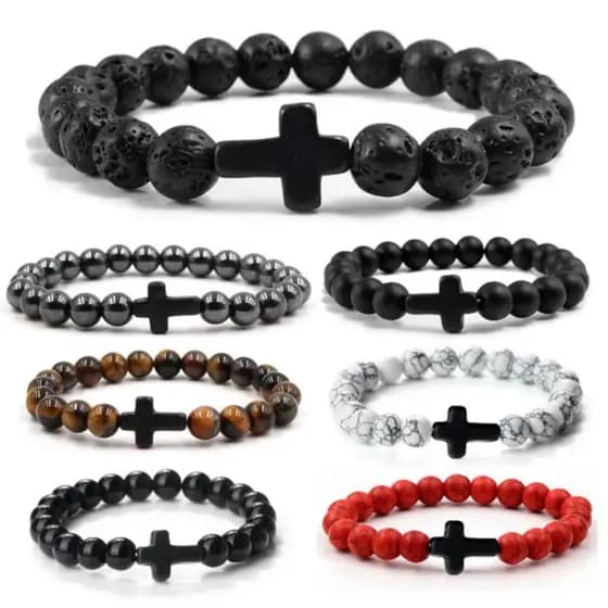 Pulseira Crucifixo Pedra Natural Vulcanica Howlita Hematita Olho de tigre Ajustável Fosca Brilhante Abs Cruz Unissex