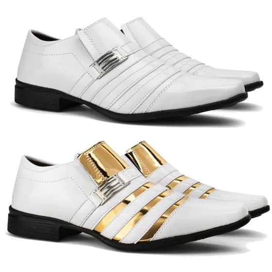 kit 2 pares sapato social masculino branco e dourado