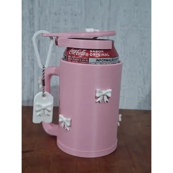 porta lata 355ml com tampa rosa bebê com branco.