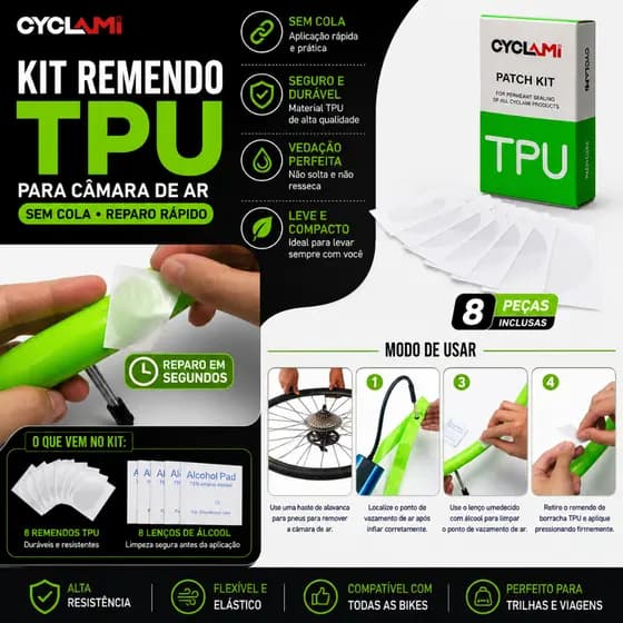 Kit Remendo CYCLAMI para Câmara de Ar TPU Sem Cola 8 Peças Reparo Rápido Bike