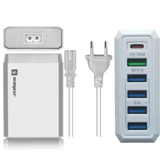 CARREGADOR DE CELULAR TURBO 38W 5 USB + 1 PD TIPO C COMPATÍVEL COM IPHONE MOTOROLA SAMSUNG