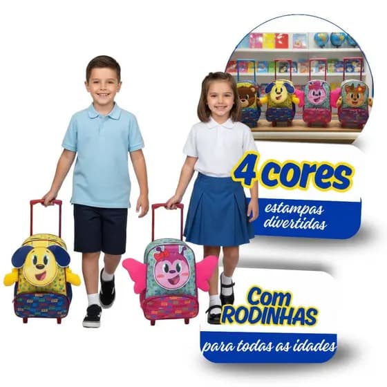 MOCHILA DE RODINHA RESISTENTE ESCOLAR ESTAMPA FOFA BICHINHOS MODELOS PARA MENINOS E MENINAS