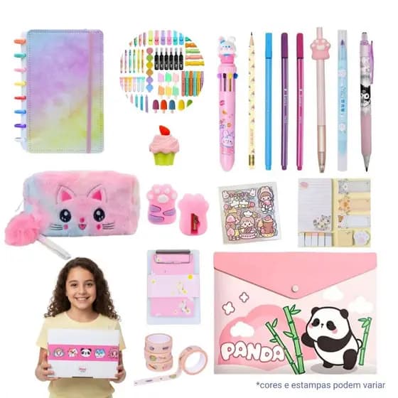 Kit Papelaria Fofa Menina 30 Itens Kawaii Presente Volta as aulas Estojo Escolar Feminino