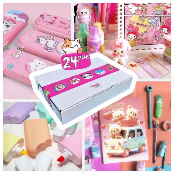 Kit Papelaria Fofa 24 Itens – Completo, Kawaii, Material escolar, Presente Promo Menina, Dia das criança