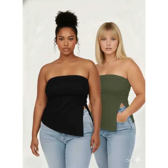 Kit 2 - Blusa Tomara que Caia Assimétrico Plus Size Básico Cropped Top Tube Com Forro Suplex
