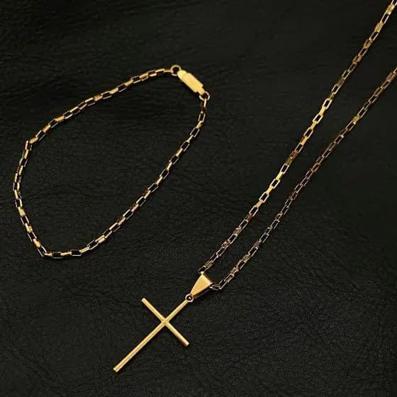 Colar Corrente Masculina Grumet Dourada Pingente Cruz Unissex + Pulseira Tijolinho Aço Inoxidável