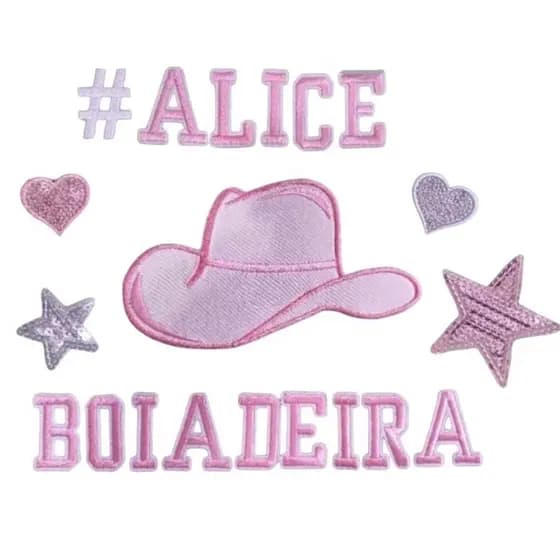 Kit 7 letras + 5 desenhos Boiadeira Unicornio Estrela Coração Paete Aplique Patch Bordado Termocolante