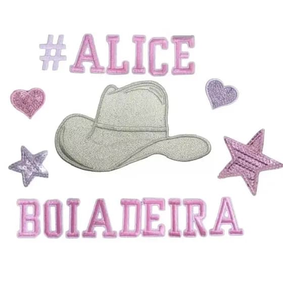 Kit 14 letras + Chapeu + 4 figuras Apliques Boiadeira Termocolante Jaqueta Patch
