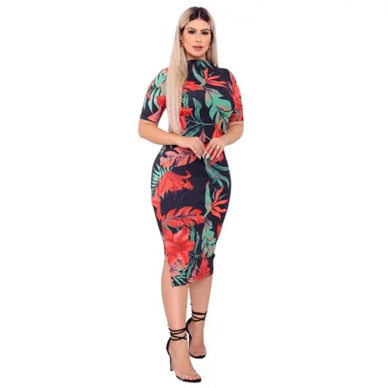 Vestido Midi Canelado Moda Evangélica Manga Curta Com Fenda Pronta Entrega