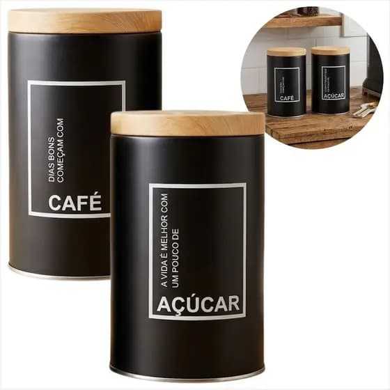 Lata Porta Condimento Metal Café e Açúcar 2 peças