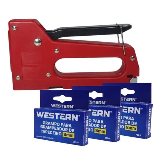 Grampeador De Tapeceiro Manual Vermelho Com Grampos Extras