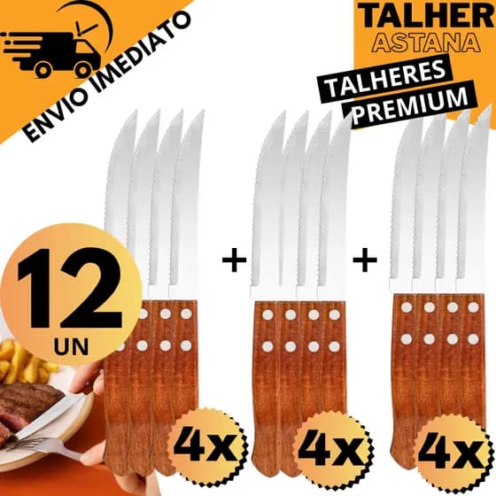 Jogo De Talheres Facas Com Cabo Madeira Jantar Almoço Astana Com 12 Peças Talher Churrasco Cozinha