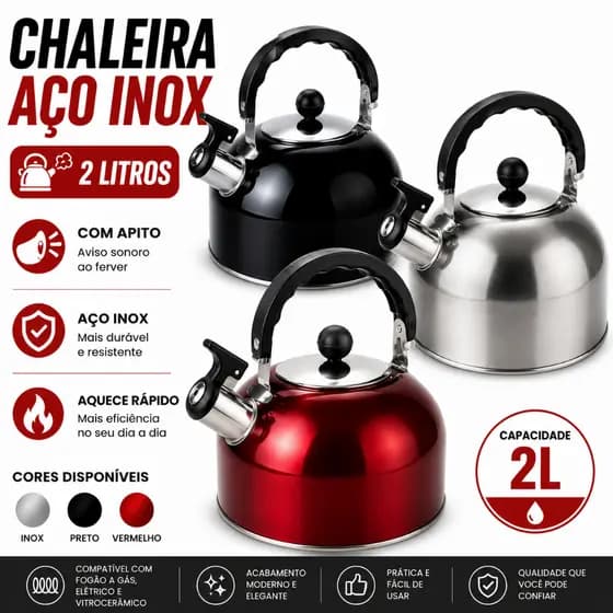 Chaleira Inox Com Apito Bule 2L Para Esquentar Água Café E Chá Resistente Prática Para Cozinha