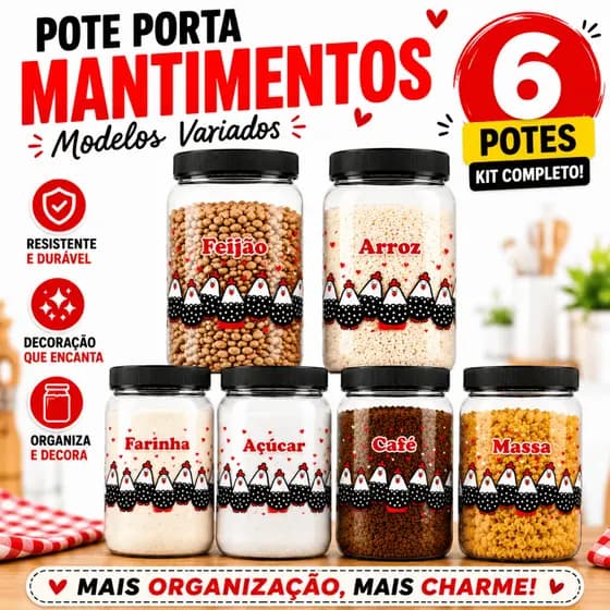 Pote Porta Mantimentos Alimentos Arroz Feijão Café Açucar Farinha e Sal Organizadores Casa Cozinha