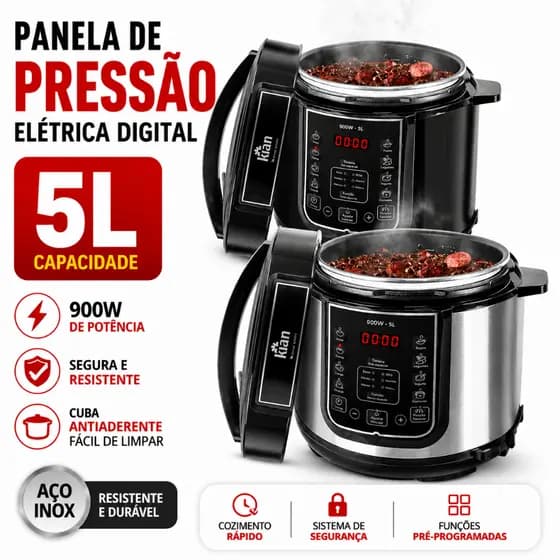 Panela De Pressão Elétrica Digital 5L Antiaderente 900W - Kian