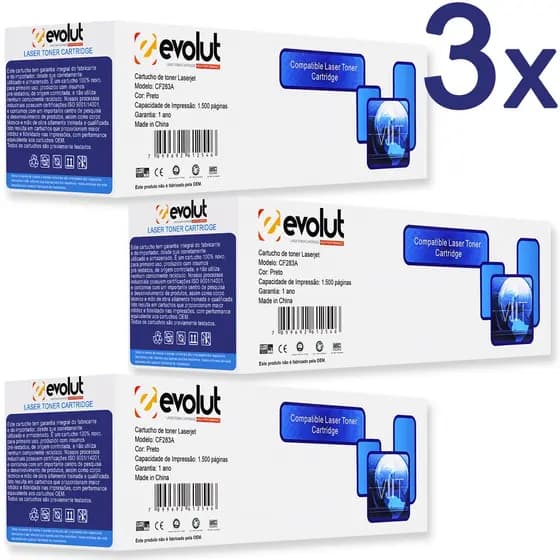 Kit 3 Cartucho Toner 83A CF283A 283A Compatíveis Evolut c/ NF p/ LaserJet Pro MFP M127fn M125a M126a M128fn M201 M225