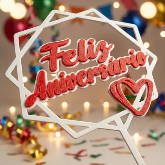 Topo De Bolo Feliz Aniversário 3d Plástico Reutilizável Branco E Vermelho Feliz Aniversário