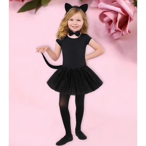 Fantasia Infantil De Gatinha Kit 4 Peças Saia Tiara Rabo E Gravata cor Preta