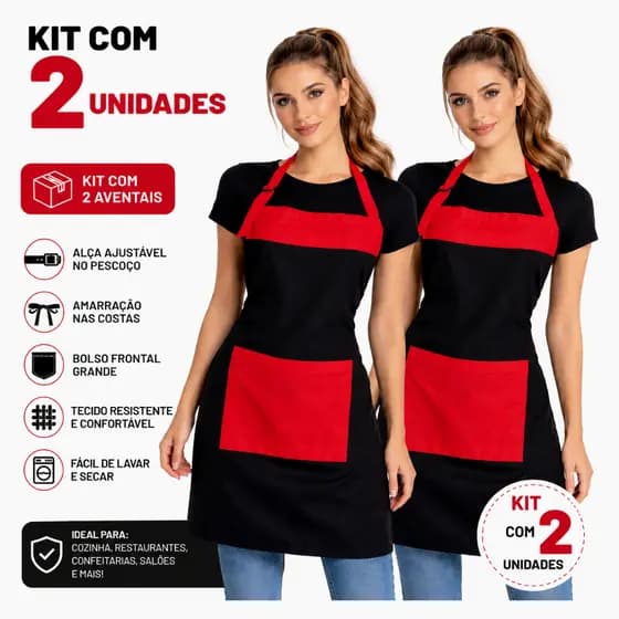 Kit 2 Aventais Profissionais Preto com Vermelho Cozinha Uniforme Ajustável